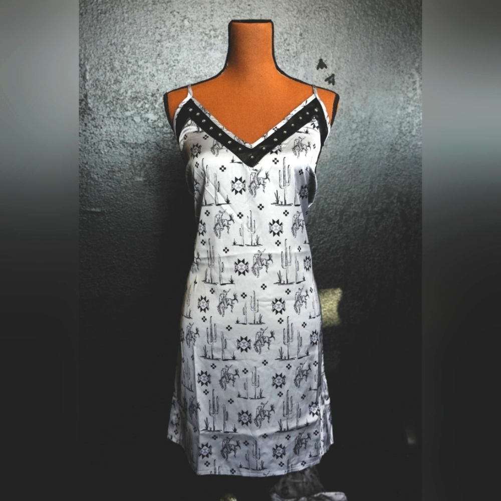 NWT Silver Grey Western print slip dress with leather trim